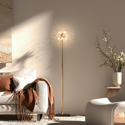 Modern Tall Floor Lamp with Dandelion Lampshade for Living Room - Gold Tone