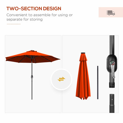 2.7m Outdoor Patio Garden Umbrella with Tilt Crank & 24 LED Lights - Orange