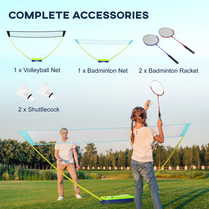 Portable Badminton and Volleyball Net Set with Rackets and Shuttlecocks - Black Blue Green