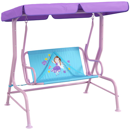 2 Seater Kids Garden Swing Chair with Adjustable Canopy and Safety Belts - Blue & Purple Fairy Theme