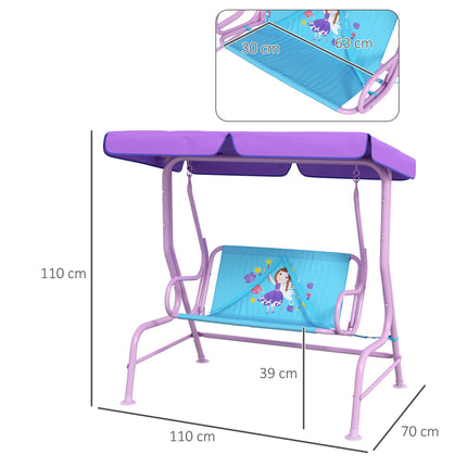 2 Seater Kids Garden Swing Chair with Adjustable Canopy and Safety Belts - Blue & Purple Fairy Theme