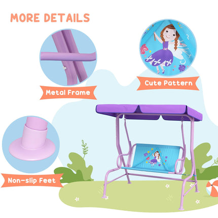 2 Seater Kids Garden Swing Chair with Adjustable Canopy and Safety Belts - Blue & Purple Fairy Theme