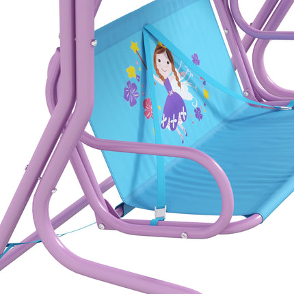 2 Seater Kids Garden Swing Chair with Adjustable Canopy and Safety Belts - Blue & Purple Fairy Theme