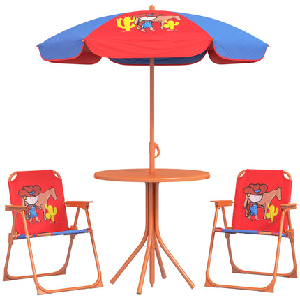 4 Piece Kids Picnic Table and Foldable Chair Set with Adjustable Parasol - Cowboy Theme Red Blue Orange