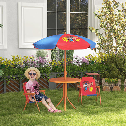 4 Piece Kids Picnic Table and Foldable Chair Set with Adjustable Parasol - Cowboy Theme Red Blue Orange