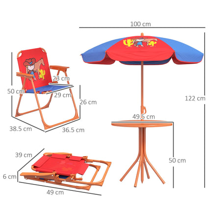 4 Piece Kids Picnic Table and Foldable Chair Set with Adjustable Parasol - Cowboy Theme Red Blue Orange