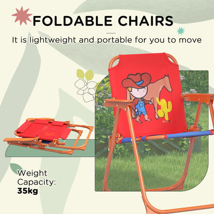 4 Piece Kids Picnic Table and Foldable Chair Set with Adjustable Parasol - Cowboy Theme Red Blue Orange