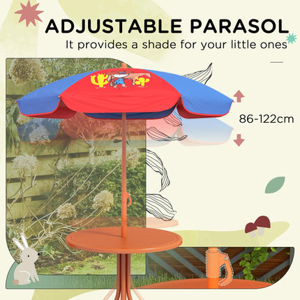 4 Piece Kids Picnic Table and Foldable Chair Set with Adjustable Parasol - Cowboy Theme Red Blue Orange