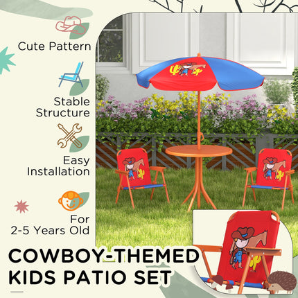 4 Piece Kids Picnic Table and Foldable Chair Set with Adjustable Parasol - Cowboy Theme Red Blue Orange