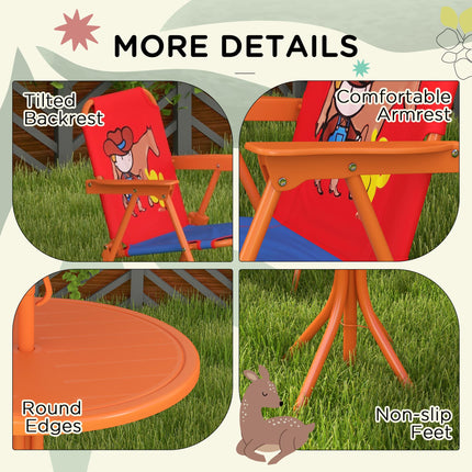 4 Piece Kids Picnic Table and Foldable Chair Set with Adjustable Parasol - Cowboy Theme Red Blue Orange