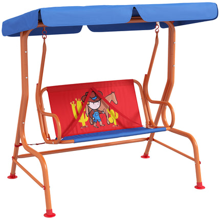 Two Seater Kids Garden Swing with Adjustable Canopy and Safety Belts - Red Blue Orange