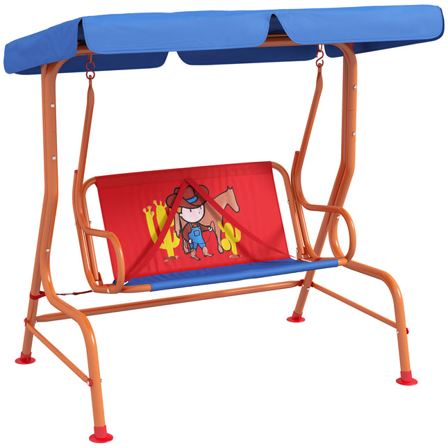 Two Seater Kids Garden Swing with Adjustable Canopy and Safety Belts - Red Blue Orange