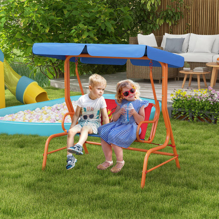 Two Seater Kids Garden Swing with Adjustable Canopy and Safety Belts - Red Blue Orange