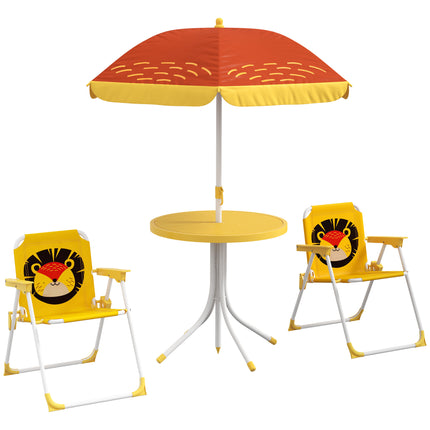 Kids Lion Themed Picnic Table and Foldable Chair Set with Adjustable Parasol - Yellow