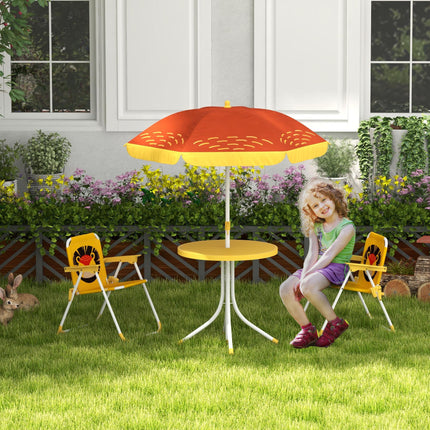 Kids Lion Themed Picnic Table and Foldable Chair Set with Adjustable Parasol - Yellow