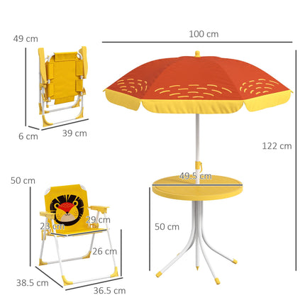 Kids Lion Themed Picnic Table and Foldable Chair Set with Adjustable Parasol - Yellow