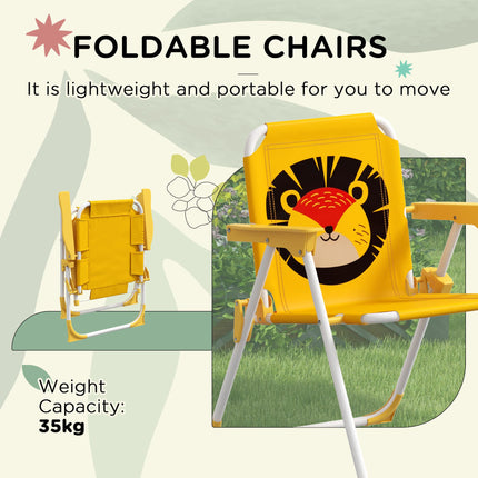 Kids Lion Themed Picnic Table and Foldable Chair Set with Adjustable Parasol - Yellow
