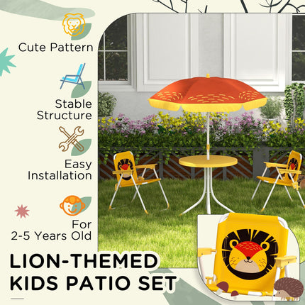 Kids Lion Themed Picnic Table and Foldable Chair Set with Adjustable Parasol - Yellow