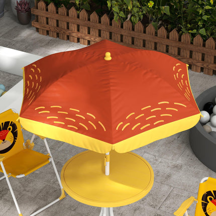 Kids Lion Themed Picnic Table and Foldable Chair Set with Adjustable Parasol - Yellow