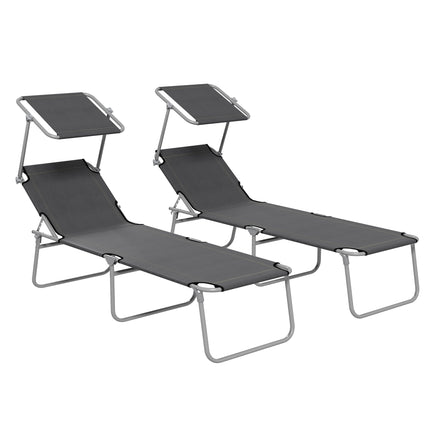 Set of 2 Outdoor Foldable Sun Loungers with 4-Level Adjustable Backrest & Sun Shade Awning - Grey