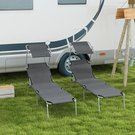 Set of 2 Outdoor Foldable Sun Loungers with 4-Level Adjustable Backrest & Sun Shade Awning - Grey