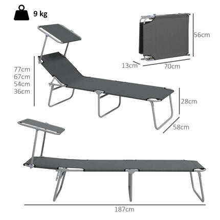 Set of 2 Outdoor Foldable Sun Loungers with 4-Level Adjustable Backrest & Sun Shade Awning - Grey