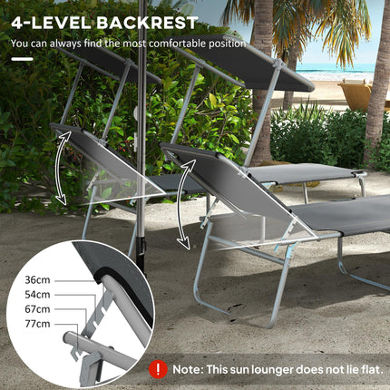 Set of 2 Outdoor Foldable Sun Loungers with 4-Level Adjustable Backrest & Sun Shade Awning - Grey
