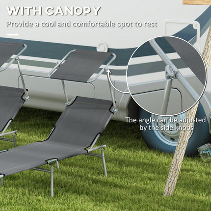 Set of 2 Outdoor Foldable Sun Loungers with 4-Level Adjustable Backrest & Sun Shade Awning - Grey