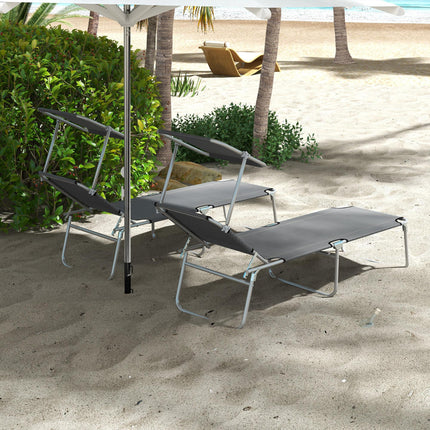 Set of 2 Outdoor Foldable Sun Loungers with 4-Level Adjustable Backrest & Sun Shade Awning - Grey