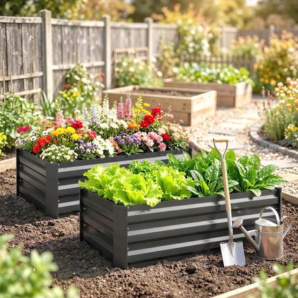 Set of 2 Galvanised Steel Raised Garden Beds 30x100cm - Grey