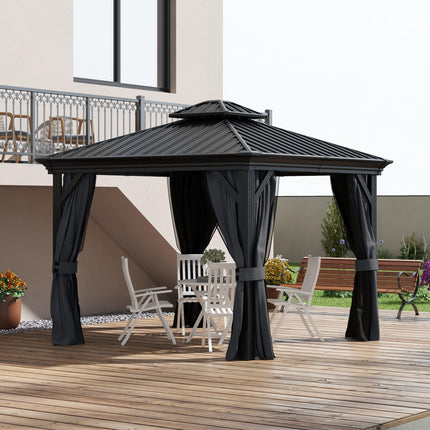 3x3.7m Outdoor Hardtop Gazebo with Aluminium Frame and Mesh Curtains - Dark Grey