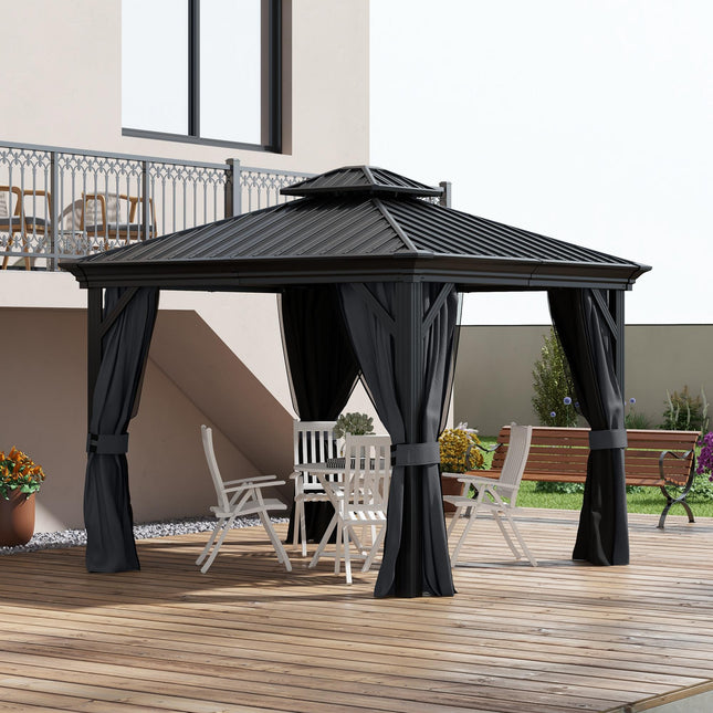3x3.7m Outdoor Hardtop Gazebo with Aluminium Frame and Mesh Curtains - Dark Grey
