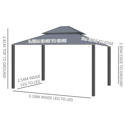 3x3.7m Outdoor Hardtop Gazebo with Aluminium Frame and Mesh Curtains - Dark Grey