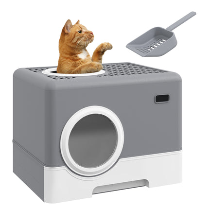 Enclosed Cat Litter Box with Front Entry, Top Exit, Drawer Tray & Scoop 52x41x38.5cm - Grey