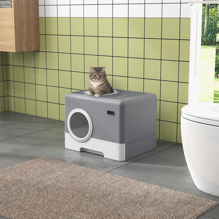 Enclosed Cat Litter Box with Front Entry, Top Exit, Drawer Tray & Scoop 52x41x38.5cm - Grey