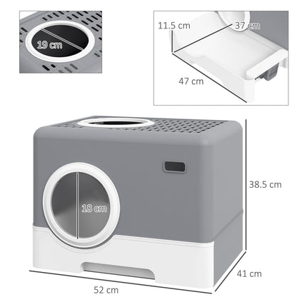 Enclosed Cat Litter Box with Front Entry, Top Exit, Drawer Tray & Scoop 52x41x38.5cm - Grey