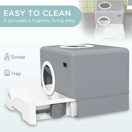 Enclosed Cat Litter Box with Front Entry, Top Exit, Drawer Tray & Scoop 52x41x38.5cm - Grey