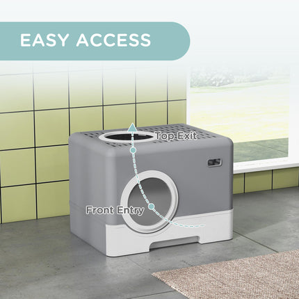Enclosed Cat Litter Box with Front Entry, Top Exit, Drawer Tray & Scoop 52x41x38.5cm - Grey