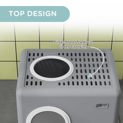 Enclosed Cat Litter Box with Front Entry, Top Exit, Drawer Tray & Scoop 52x41x38.5cm - Grey