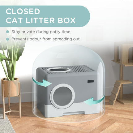 Enclosed Cat Litter Box with Front Entry, Top Exit, Drawer Tray & Scoop 52x41x38.5cm - Grey