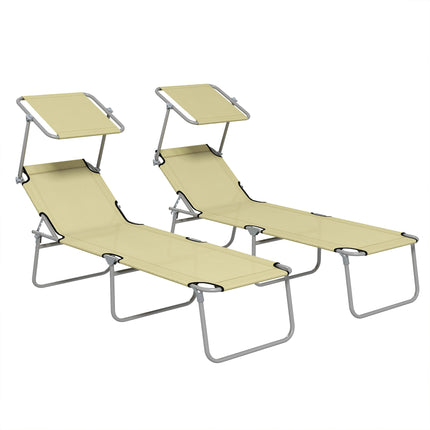 Outdoor Foldable Sun Lounger Set of 2 with 4-Level Adjustable Backrest and Sun Shade Awning - Beige