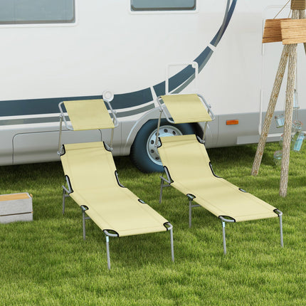 Outdoor Foldable Sun Lounger Set of 2 with 4-Level Adjustable Backrest and Sun Shade Awning - Beige