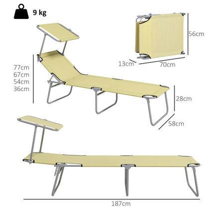 Outdoor Foldable Sun Lounger Set of 2 with 4-Level Adjustable Backrest and Sun Shade Awning - Beige
