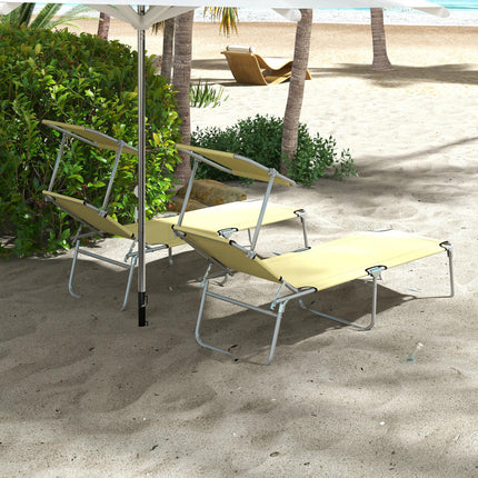 Outdoor Foldable Sun Lounger Set of 2 with 4-Level Adjustable Backrest and Sun Shade Awning - Beige