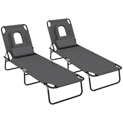 Outdoor Foldable Sun Lounger Set of 2 with 4-Level Adjustable Backrest, Pillow & Reading Hole - Dark Grey