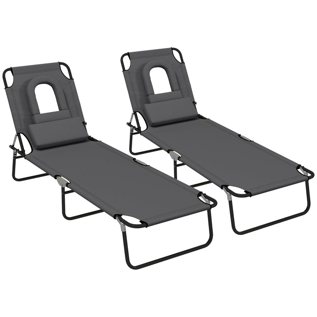 Outdoor Foldable Sun Lounger Set of 2 with 4-Level Adjustable Backrest, Pillow & Reading Hole - Dark Grey