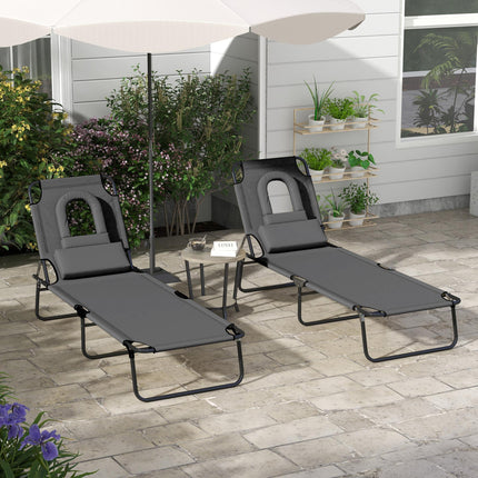 Outdoor Foldable Sun Lounger Set of 2 with 4-Level Adjustable Backrest, Pillow & Reading Hole - Dark Grey