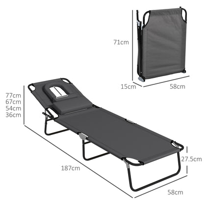 Outdoor Foldable Sun Lounger Set of 2 with 4-Level Adjustable Backrest, Pillow & Reading Hole - Dark Grey