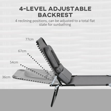 Outdoor Foldable Sun Lounger Set of 2 with 4-Level Adjustable Backrest, Pillow & Reading Hole - Dark Grey