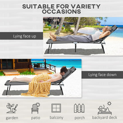 Outdoor Foldable Sun Lounger Set of 2 with 4-Level Adjustable Backrest, Pillow & Reading Hole - Dark Grey
